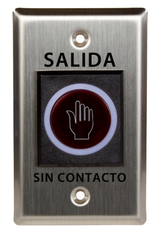 Textos em espanhol botão de saída de infravermelho sem toque, tamanho ANSI 115*70mm aço inoxidável, com luz LED